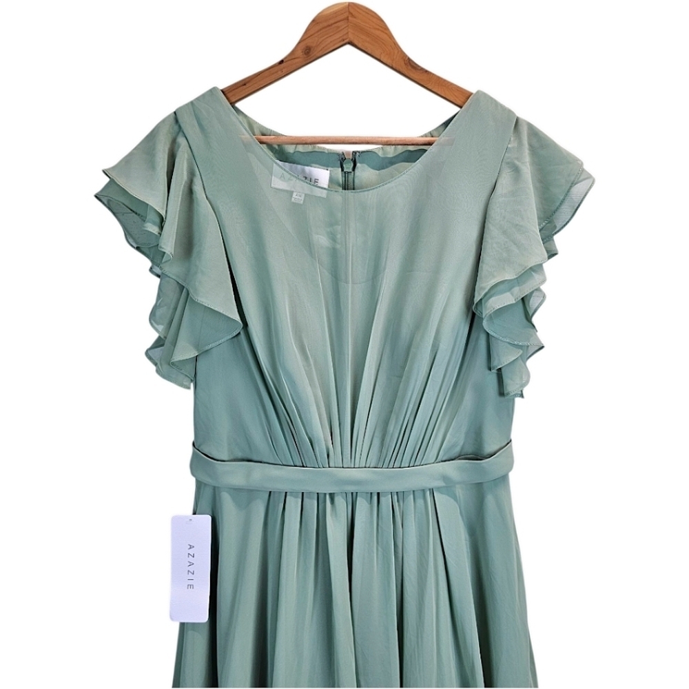Azazie Womens Daphne A-Line Ruffled Chiffon Floor-Length Dress 14 Matcha Green - Picture 5 of 13